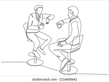 Single continuous line drawing of two young male workers have a casual chat over drink coffee during office break. Rest break at work concept. Modern one line draw design vector illustration graphic