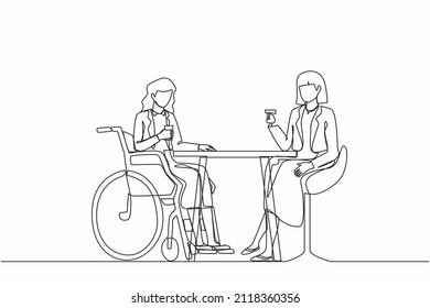 Single continuous line drawing two businesswomen talk at business meeting. Colleagues have coffee break. Disability female drinks coffee with her friend. Dynamic one line draw graphic design vector