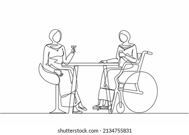 Single continuous line drawing two Arabian businesswomen talk at business meeting. Colleagues have coffee break. Disability male drinks coffee with her friend. One line draw design vector illustration