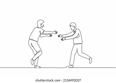 Single continuous line drawing two happy guys run to meet each other. Males embracing and laughing. Meeting of friends. Concept of male friendship. One line draw graphic design vector illustration