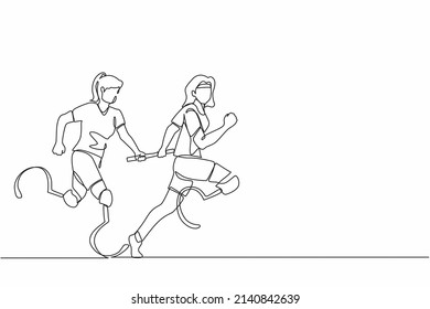 Single Continuous Line Drawing Two Disable Runners With Prosthesis Leg, Disability Women, Amputee Athletes, Amputees Running In Relay Race Handing Over The Baton. One Line Draw Graphic Design Vector