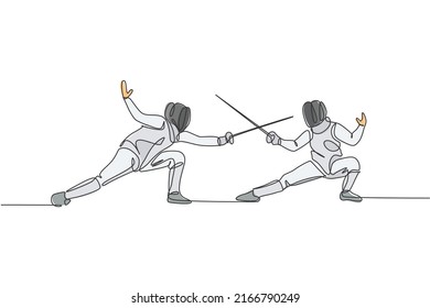 Single continuous line drawing of two young fencer athlete men in fencing mask and rapier duel at arena. Competitive fighting sport competition concept. Trendy one line draw design vector illustration