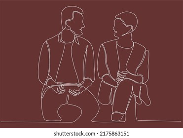 Single continuous line drawing of two young male workers chatting casually during office break. Having small talk at work one line concept drawing graphic design vector illustration