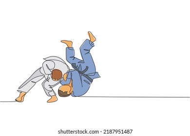 Single continuous line drawing of two young sportive judoka fighter men practice judo skill at dojo gym center. Fighting jujitsu, aikido sport concept. Trendy one line draw design vector illustration