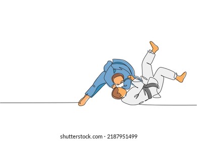 Single continuous line drawing of two young sportive judoka fighter men practice judo skill at dojo gym center. Fighting jujitsu, aikido sport concept. Trendy one line draw design vector illustration