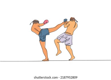 Single continuous line drawing of two young sportive men training thai boxing at gym club center. Combative muay thai sport concept. Competition event. Trendy one line draw design vector illustration