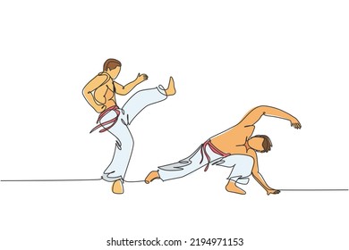 Single Continuous Line Drawing Of Two Young Sportive Men Practice Brazilian Capoeira Move Dance At Outdoor Street. Culture Martial Art Sport Concept. Trendy One Line Draw Design Vector Illustration
