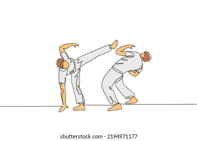 Single Continuous Line Drawing Of Two Young Sportive Men Practice Brazilian Capoeira Move Dance At Outdoor Street. Culture Martial Art Sport Concept. Trendy One Line Draw Design Vector Illustration
