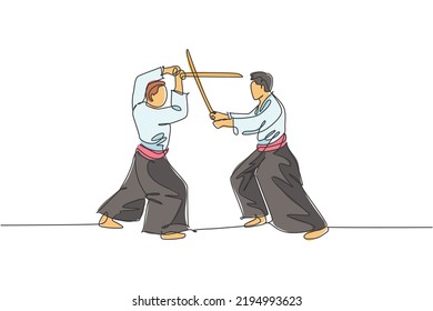 Single Continuous Line Drawing Of Two Sportive Men Wearing Kimono Practice Aikido Sparring Fight Technique With Wooden Sword. Japanese Martial Art Concept. One Line Draw Design Vector Illustration