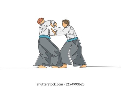 Single continuous line drawing of two young sportive man wearing kimono practice aikido fighting technique in dojo center. Japanese martial art concept. Trendy one line draw design vector illustration