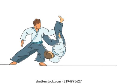 Single continuous line drawing of two young sportive men wearing kimono practice throeing in aikido fighting technique. Japanese martial art concept. Trendy one line draw design vector illustration