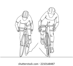 Single continuous line drawing of two cyclist pedaling cycling fast. Hand drawn single line vector illustration
