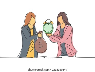 Single continuous line drawing two young business woman exchange money bag and analog alarm clock. Professional manager. Minimalism metaphor concept. One line draw graphic design vector illustration.