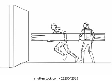 Single continuous line drawing two astronaut holding large log together to destroying wall. Teamwork in space technology development. Cosmonaut deep space. One line graphic design vector illustration svg