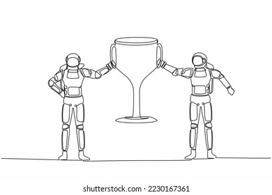 Single continuous line drawing two astronaut holding trophy together. Winner teamwork celebrating spaceship championship victory. Cosmonaut deep space. One line draw graphic design vector illustration