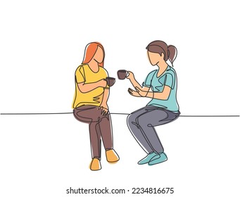 Single continuous line drawing of two young female worker have a casual chat over drink coffee during office break. Having small talk at work concept one line draw graphic design vector illustration