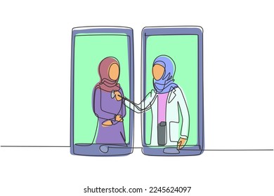 Single continuous line drawing two smartphones facing each other with hijab female doctor checking heart rate of female patient using stethoscope. One line draw graphic design vector illustration