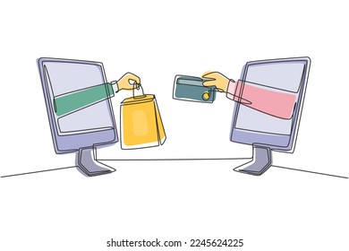 Una sola línea continua sacando dos manos de la pantalla del monitor para intercambiar bolsas de compras con tarjetas de crédito. Venta, concepto de pago digital. ilustración vectorial de diseño gráfico de una línea dinámica