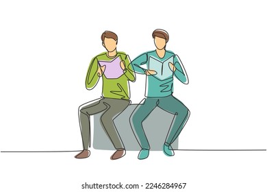 Single continuous line drawing two young male students reading, learning and sitting together. Study in library. Literature fans, education concept. One line draw graphic design vector illustration