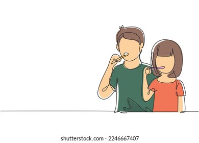 Single continuous line drawing two boys and girls are brushing their teeth in bathroom. Routine habits for cleanliness and health of mouth and teeth. One line draw graphic design vector illustration