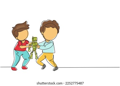 Single continuous line drawing two little boys fighting over a robot toy. Conflict between children. Kids sibling fighting in playroom because of doll. One line draw graphic design vector illustration