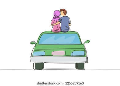 Single continuous line drawing two happy Arabian lovers sitting on roof of car and look at romantic scenery. Happy man and woman celebrating wedding anniversary. One line draw graphic design vector