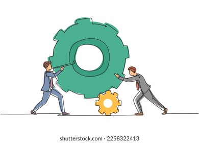 Single continuous line drawing two businessmen help each other pushing big cog. People push gear, team of business tech holding gear collaboration solution. One line draw design vector illustration