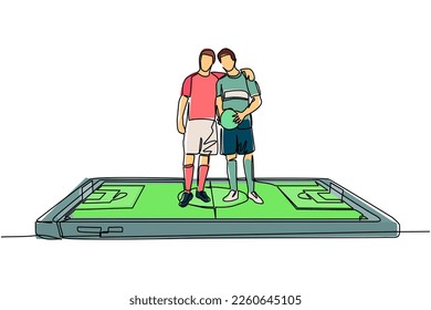 Single continuous line drawing two soccer players embrace each other on surface of smartphone. Mobile football soccer. Mobile sport play match. Dynamic one line draw graphic design vector illustration