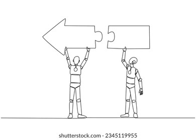 Single continuous line drawing two robots working together carrying a directional arrow puzzle. Metaphors equate ideas. Robots doing teamwork. Future technology. One line design vector illustration