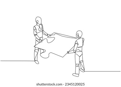 Single continuous line drawing two robots lift huge puzzle piece together. Teamwork moves the puzzle pieces to form a unified whole. Future technology development. One line design vector illustration