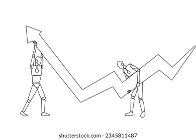 Single continuous line drawing two robots holding a large arrow chart. With their teamwork they hope that the graph will always be in rising condition. Future tech. One line design vector illustration