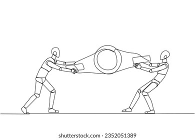 Single continuous line drawing two emotional robot fighting over boxing belt. Fight for to be the greatest and strongest robot. Robotic battle. Future technology. One line design vector illustration