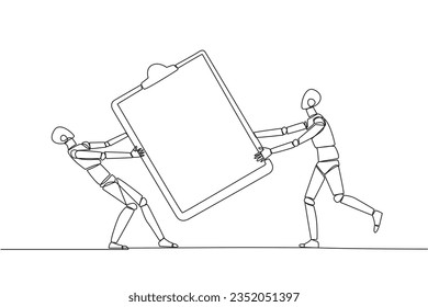 Single continuous line drawing two angry robot fighting over the big clipboard. Useful to make it easier to check reports. Robotic conflict. Aggressive.AI tech. One line design vector illustration
