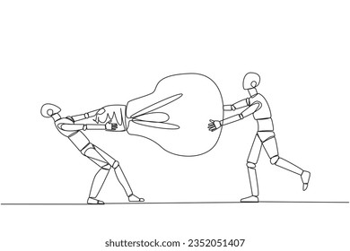 Single continuous line drawing two angry robot fighting over lightbulb. Both of them differed, feeling most right. Emotional robotic. Versus. Conflict. AI tech. One line design vector illustration