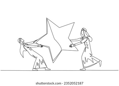 Single continuous line drawing two angry Arabian businessman fighting over the star. Concept of fighting for brilliant employees for the progress of the company. One line design vector illustration