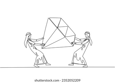 Single continuous line drawing two selfish Arabian businessman fighting over diamond. Fight over diamond mines that make profit boost for entrepreneur. Conflict. One line design vector illustration