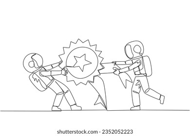 Single continuous line drawing two angry astronaut fighting over medal award. Both feel worthy of the award. Astronaut versus astronaut. Astronaut conflict. Space. One line design vector illustration