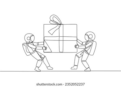 Single continuous line drawing two professional astronaut fighting over the gift box. Cosmonauts against environmental pollution fight for the main prize. Rival. One line design vector illustration