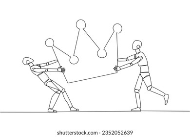 Single continuous line drawing two emotional robot fighting over the crown. Fighting for become the most successful and respected robotic. Conflict. AI technology. One line design vector illustration