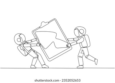 Single continuous line drawing two angry astronaut fighting over the clipboard. Useful to make it easier to check reports. Astronaut conflict. Aggressive. Space. One line design vector illustration