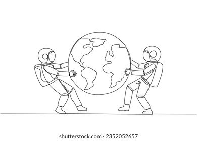 Single continuous line drawing two strong astronaut fighting over globe. Fighting over the area that will be the target of sales expansion. Aggressive. Outer space. One line design vector illustration