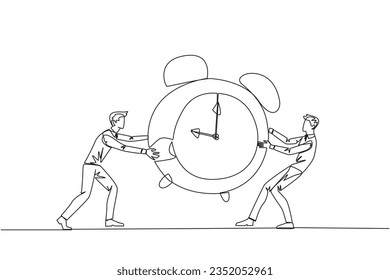 Single continuous line drawing two emotional businessman fighting over the big alarm clock. The concept of fighting for rare items for prestige. Conflict. Attack. One line design vector illustration