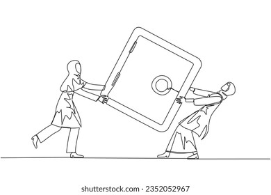 Single continuous line drawing two Arabian businesswoman fighting over safe deposit box. Fight for a safe place to store important data. Businesswoman conflict. One line design vector illustration