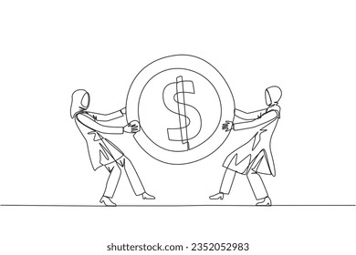 Single continuous line drawing two angry Arabian businesswoman fighting over dollar sign coin. The last coin used to buy fresh drinks at vending machine. Attack. One line design vector illustration