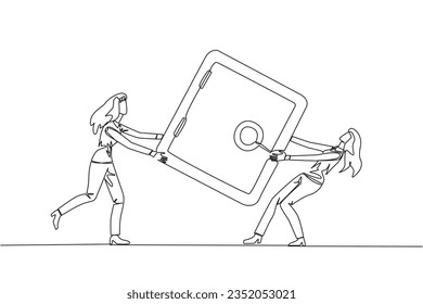 Single continuous line drawing two businesswoman fighting over safe deposit box. Fight for safe place to store important data. Businesswoman conflict. Competition. One line design vector illustration