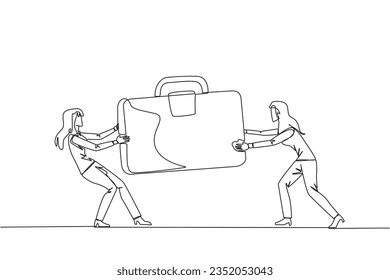 Single continuous line drawing two aggressive businesswoman fighting over the briefcase. Fight over the client data contained in the bag. Businesswoman attack. One line design vector illustration