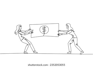 Single continuous line drawing two angry businesswoman fighting over banknotes. Fight over the capital provided by the government to selected entrepreneurs. Rival. One line design vector illustration