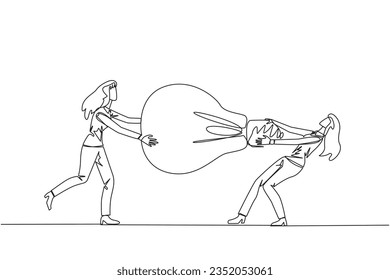 Single continuous line drawing two businesswoman fighting over lightbulb. Both of them differed, feeling most right. Emotional businesswoman. Versus. Conflict. One line design vector illustration