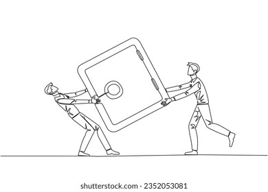 Single continuous line drawing two businessman fighting over safe deposit box. Fight for a safe place to store important data. Businessman conflict. Competition. One line design vector illustration