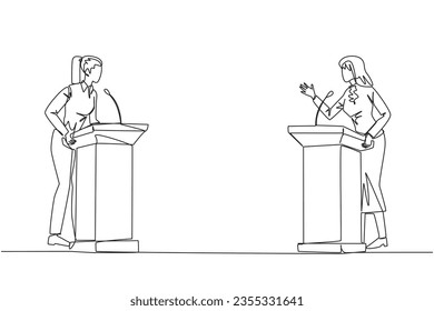 Single continuous line drawing two businesswomen arguing on the podium. Throwing opinions on the best way to deal with global warming. Open dialogue. Debating. One line design vector illustration